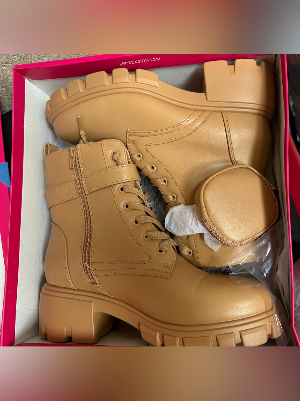 Women’s Tan Chunky Combat Boots with Detachable Coin Pouch